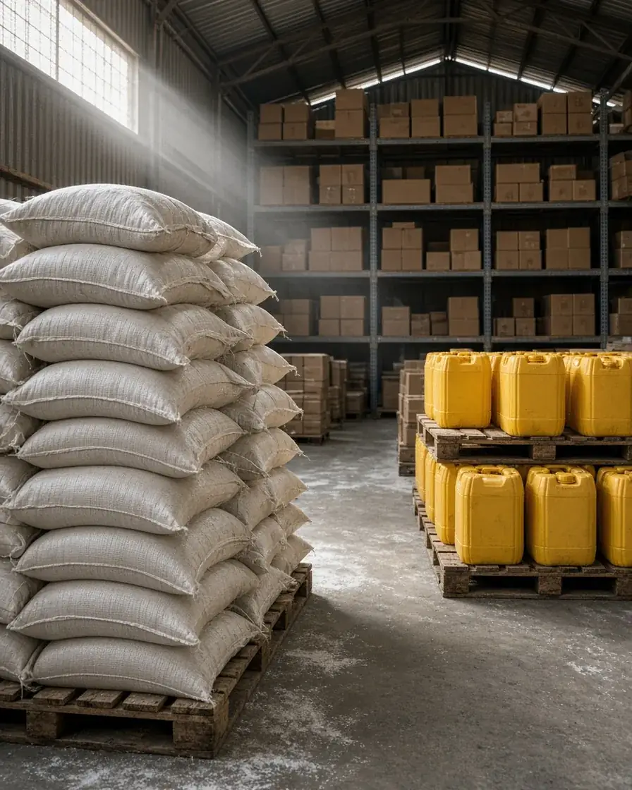 Sacks of sugar and flour and jerricans of cooking oil stacked in a wholesale store
